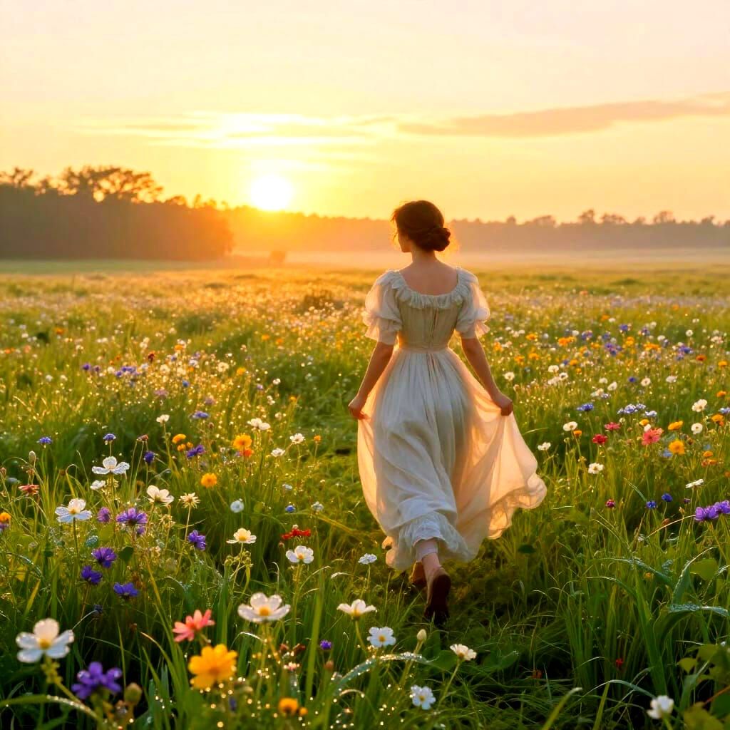 Meadow Sunrise: Woman Walks Towards Golden Horizon