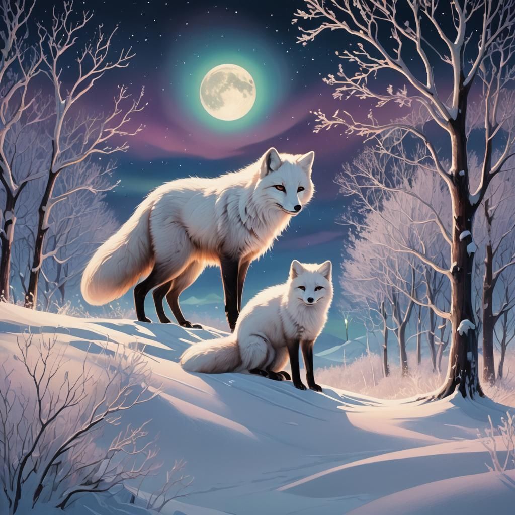 Arctic Fox Under Aurora in High-Fantasy Anime Style