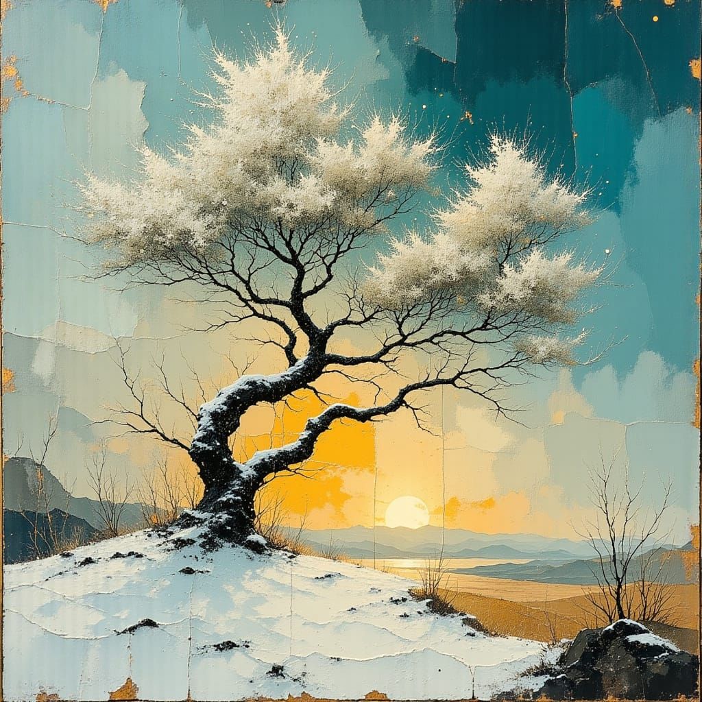Majestic Winter White-Pine Tree in Teal Sunrise Sky