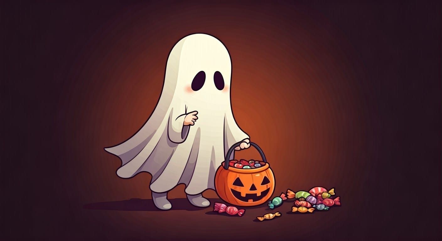 Cute Chibi Ghost Picking up Candy