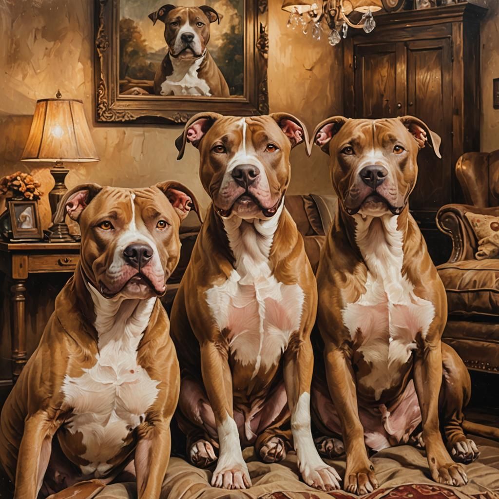 Pitbull Family Portrait in Earthy Oil Painting Style