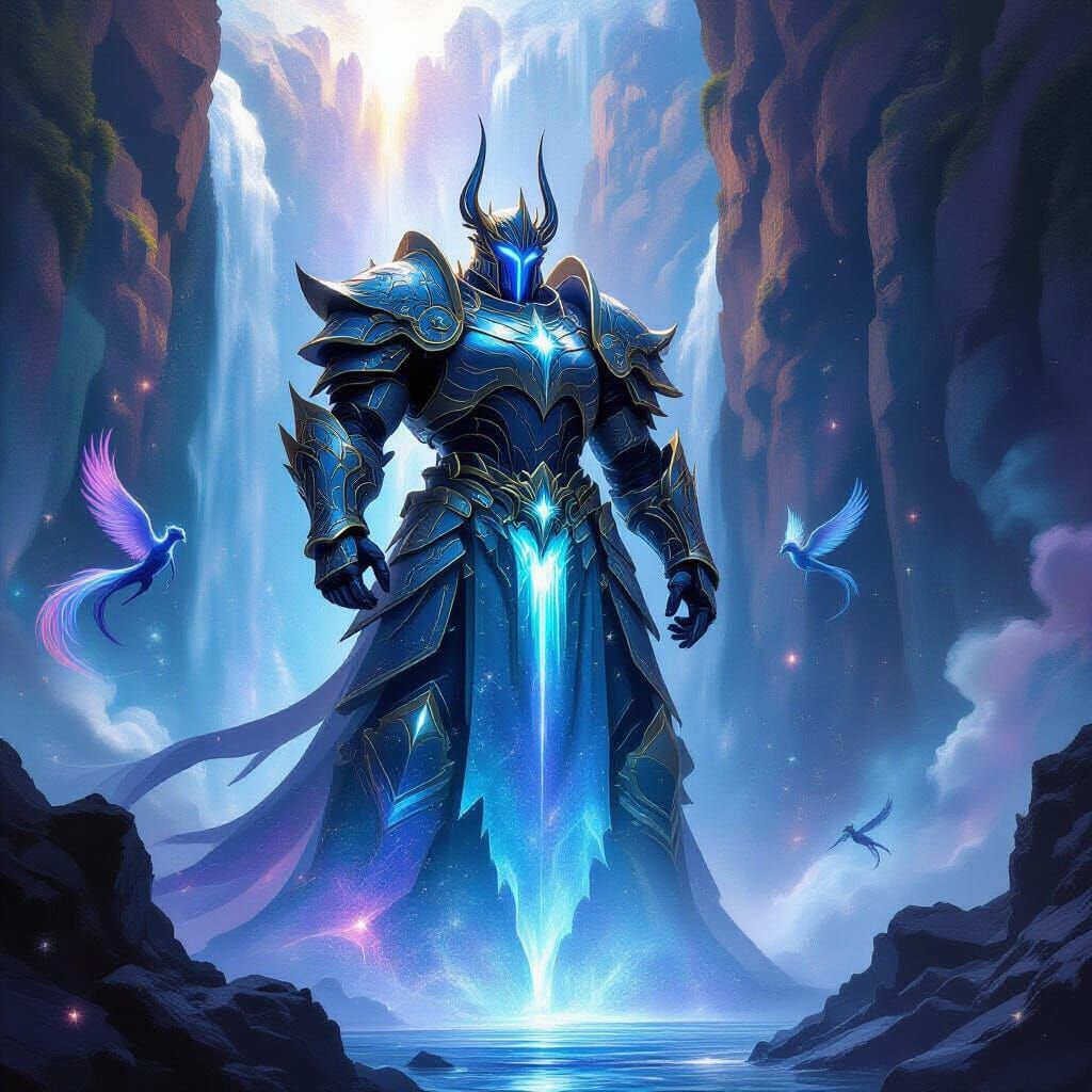 Cosmic Knight Guards Light Waterfall in Digital Fantasy Art