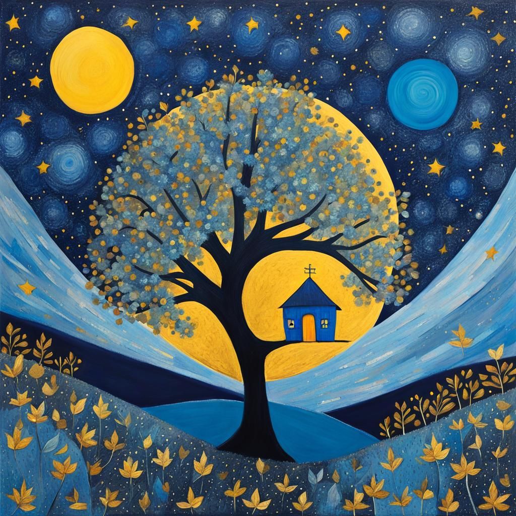 Sparkly Blue Lunar Landscape in Art Brut Style