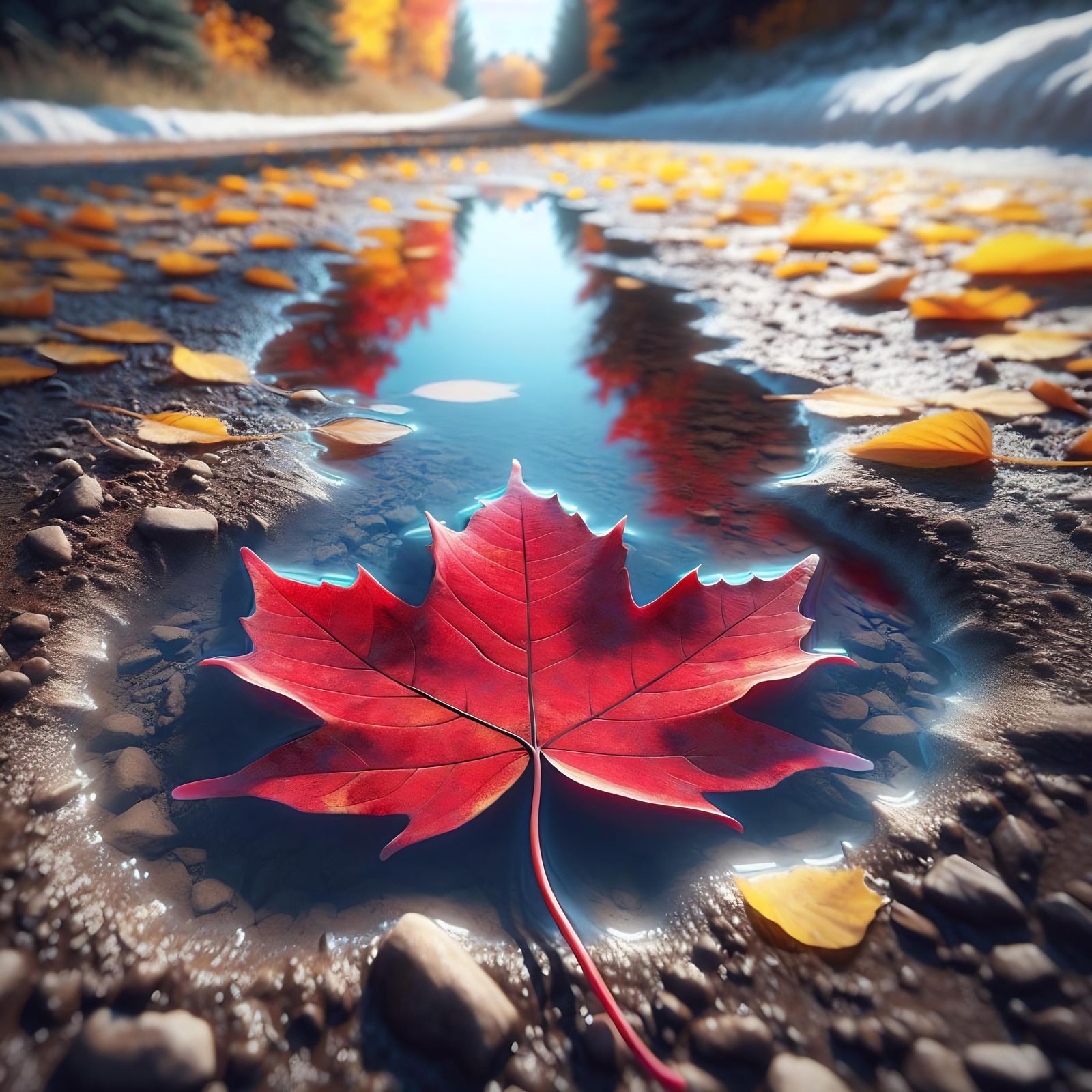 Red Leaf in Frozen Puddle on Fall Day