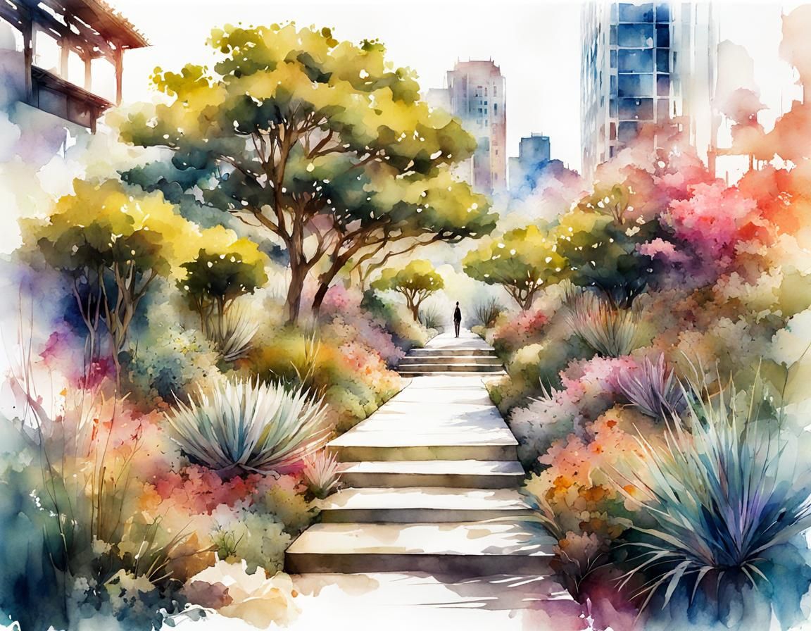 Urban Garden in Digital Watercolor Illustration
