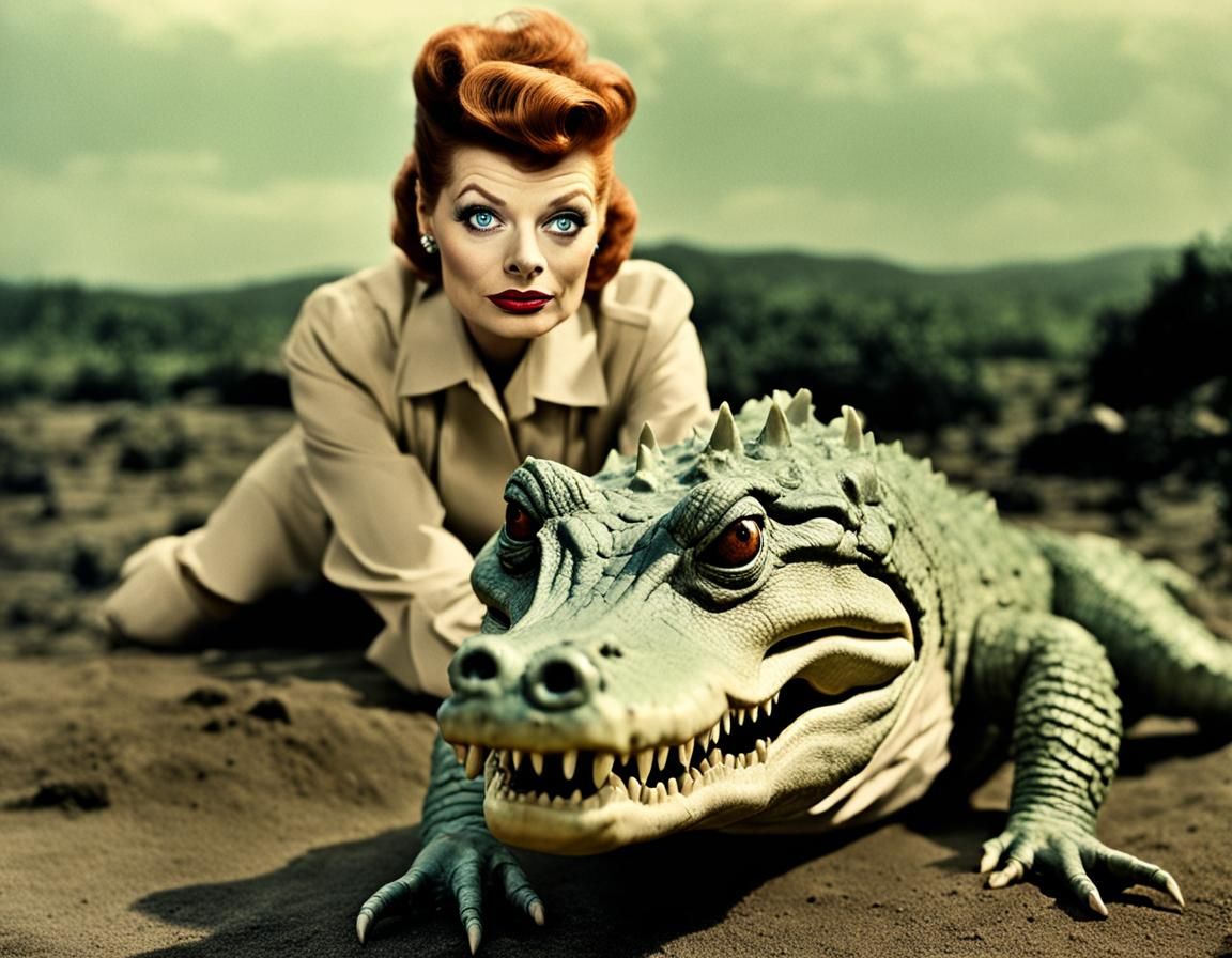 Lucille Ball and Pet Crocodile in Apocalyptic Landscape