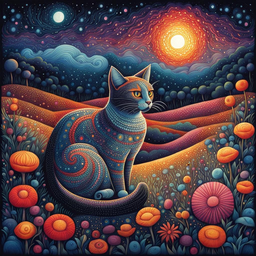 Pointillist Zentangle Cat in Whimsical Style