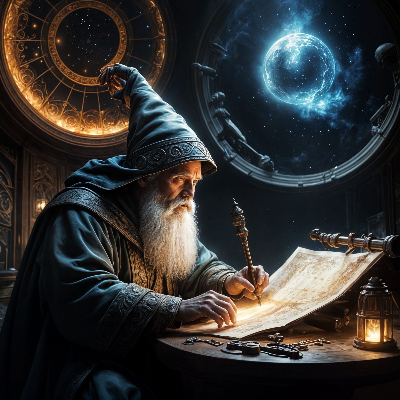 Wizard Studies Celestial Map as Oil Painting
