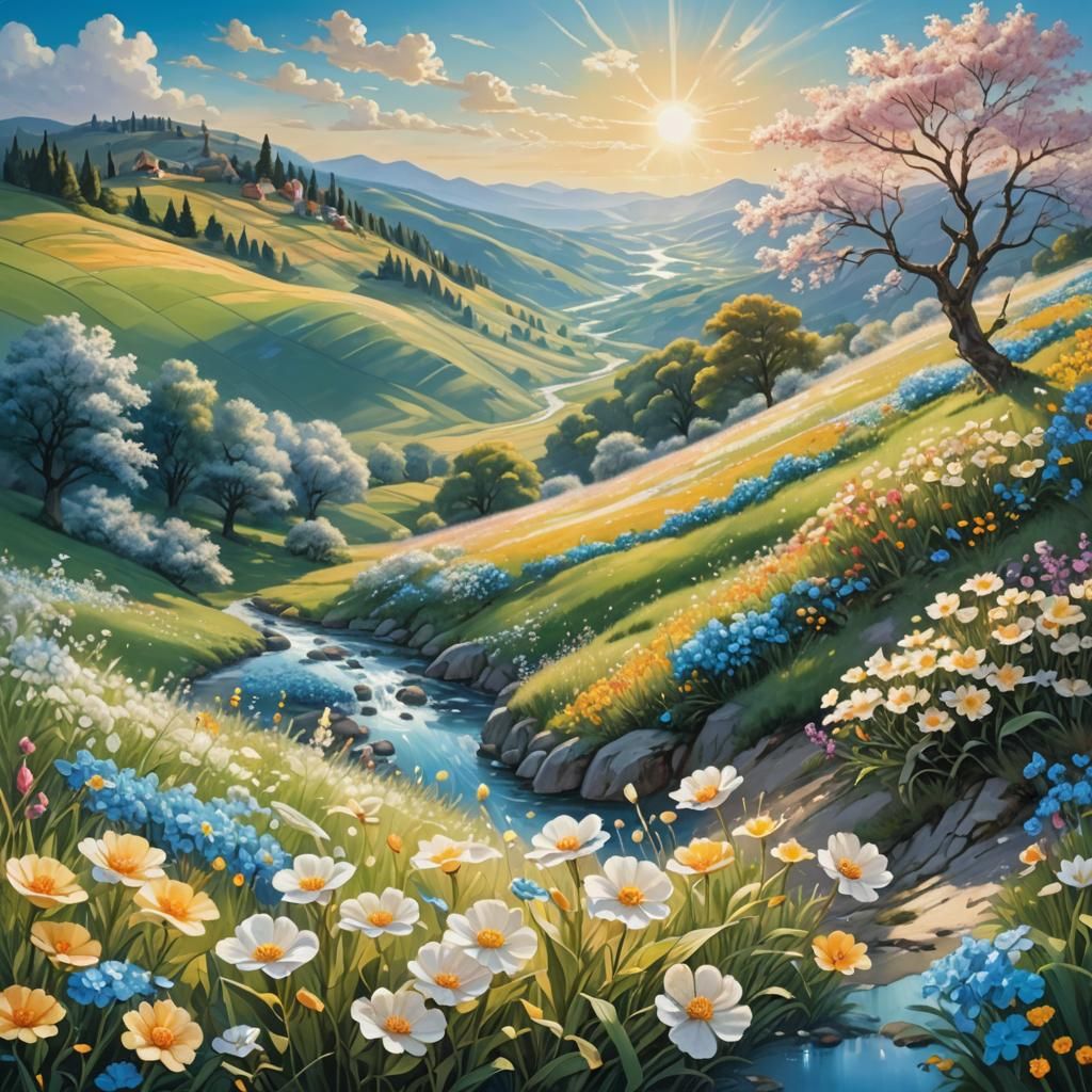 Fantasy Landscape with Crystal Stream, Digital Art