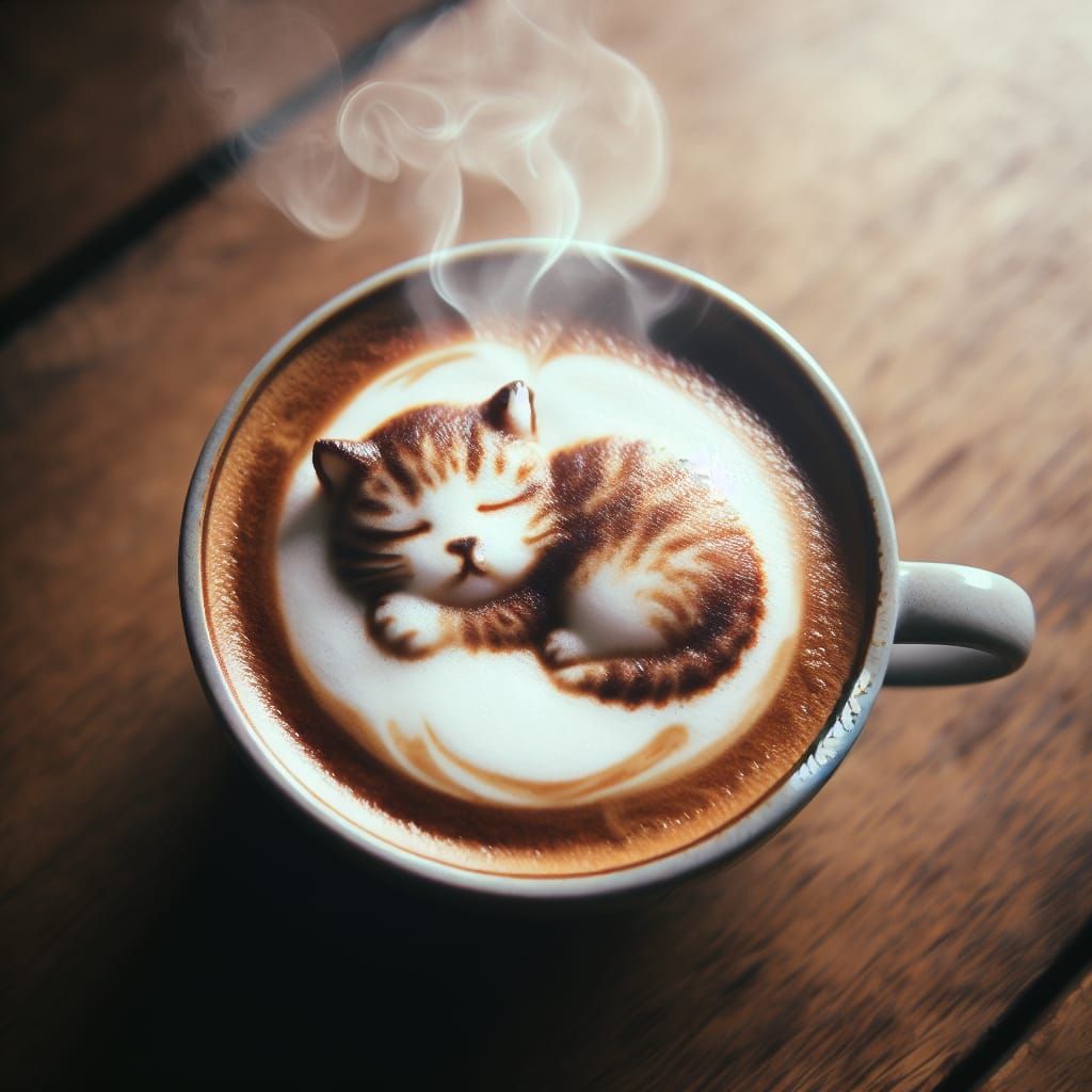 Latte Art Kitten Sleeping on Coffee Cup