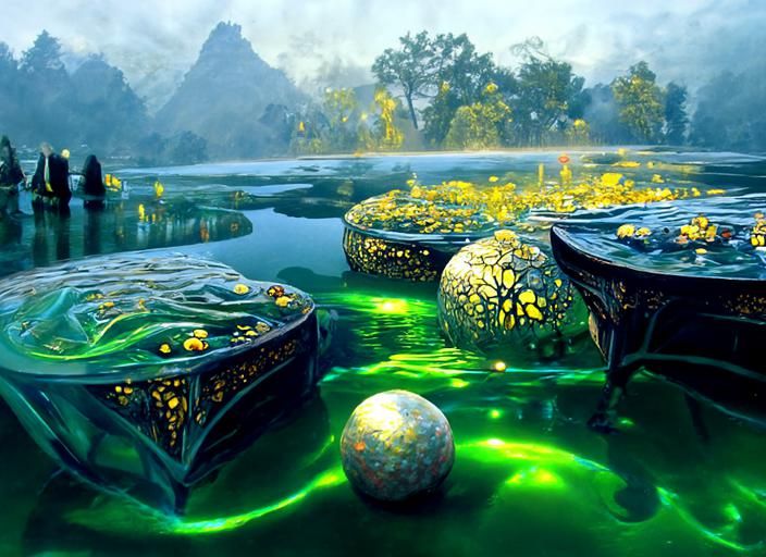 Treasure Chest in Lily Pad Pool, Sci-Fi Fantasy Art