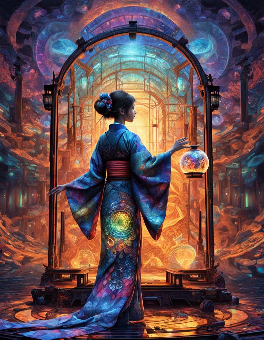 Woman in Yukata with Firefly Cage and Skeleton Shadow