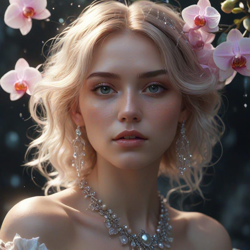 Ethereal Girl Amidst Cloud Fractals and Orchids in Vibrant B...