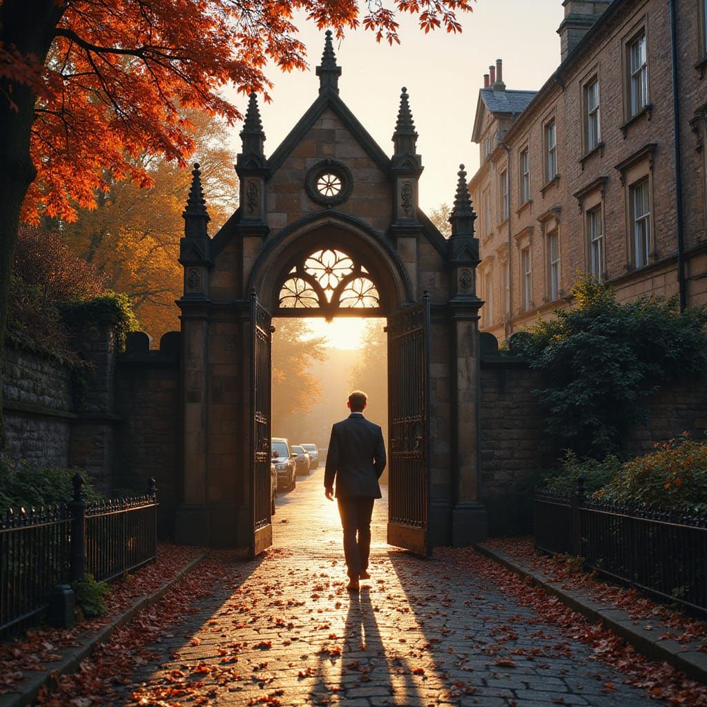 Edinburgh Street View with Gothic Gate, Autumn Colors