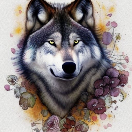 Watercolor Timber Wolf Portrait with Floral Theme