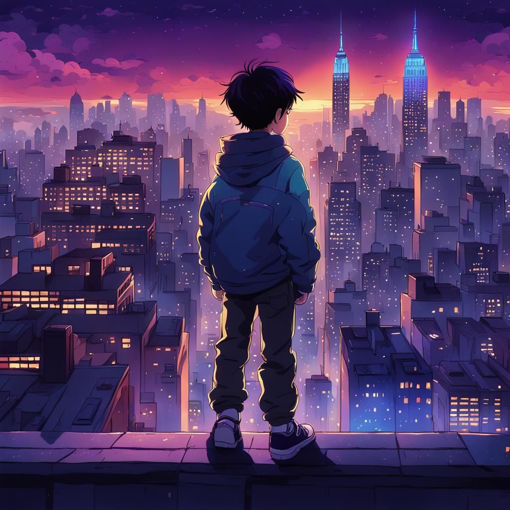 Anime Boy Overlooking New York City at Night