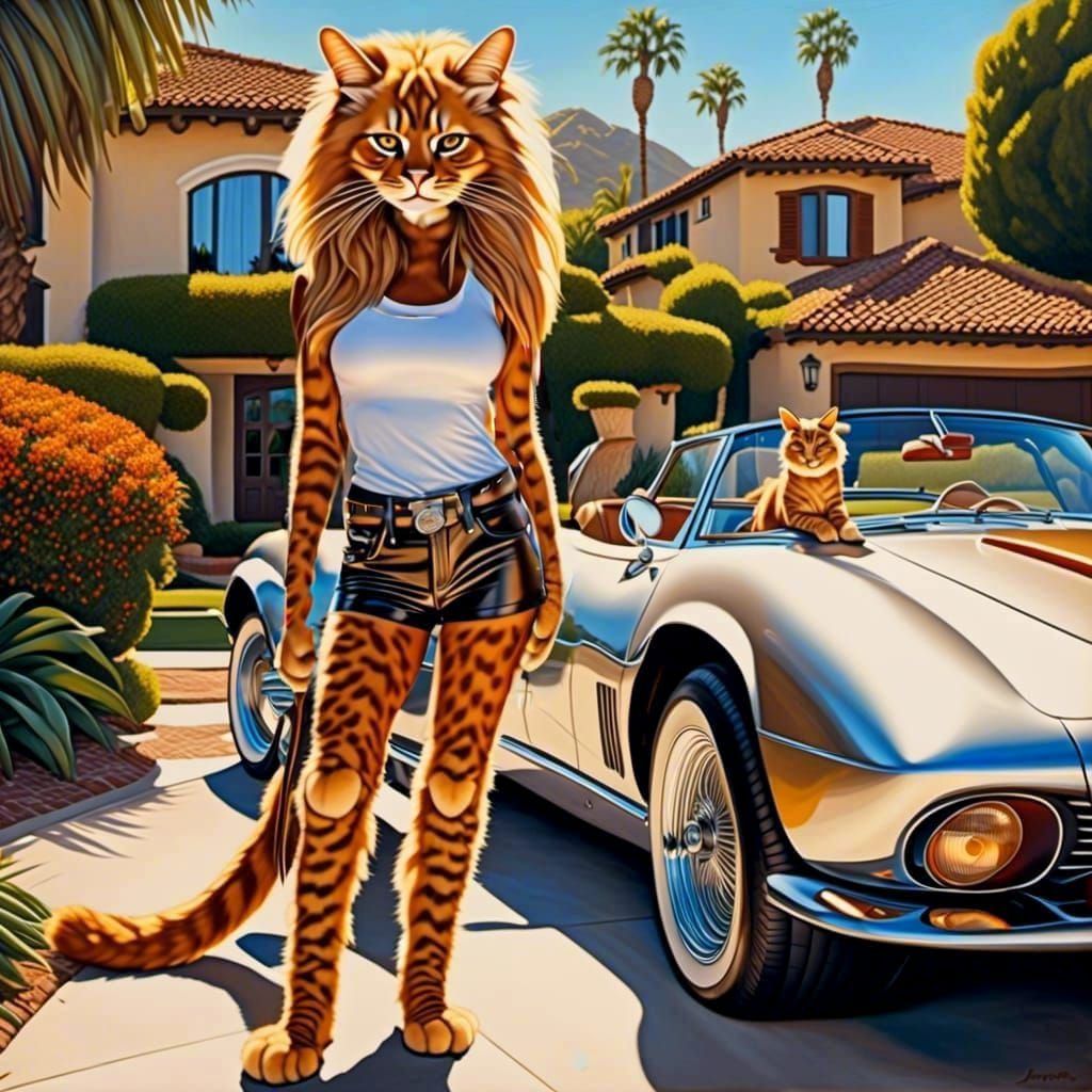Anthropomorphic Cat in California, Oil Painting