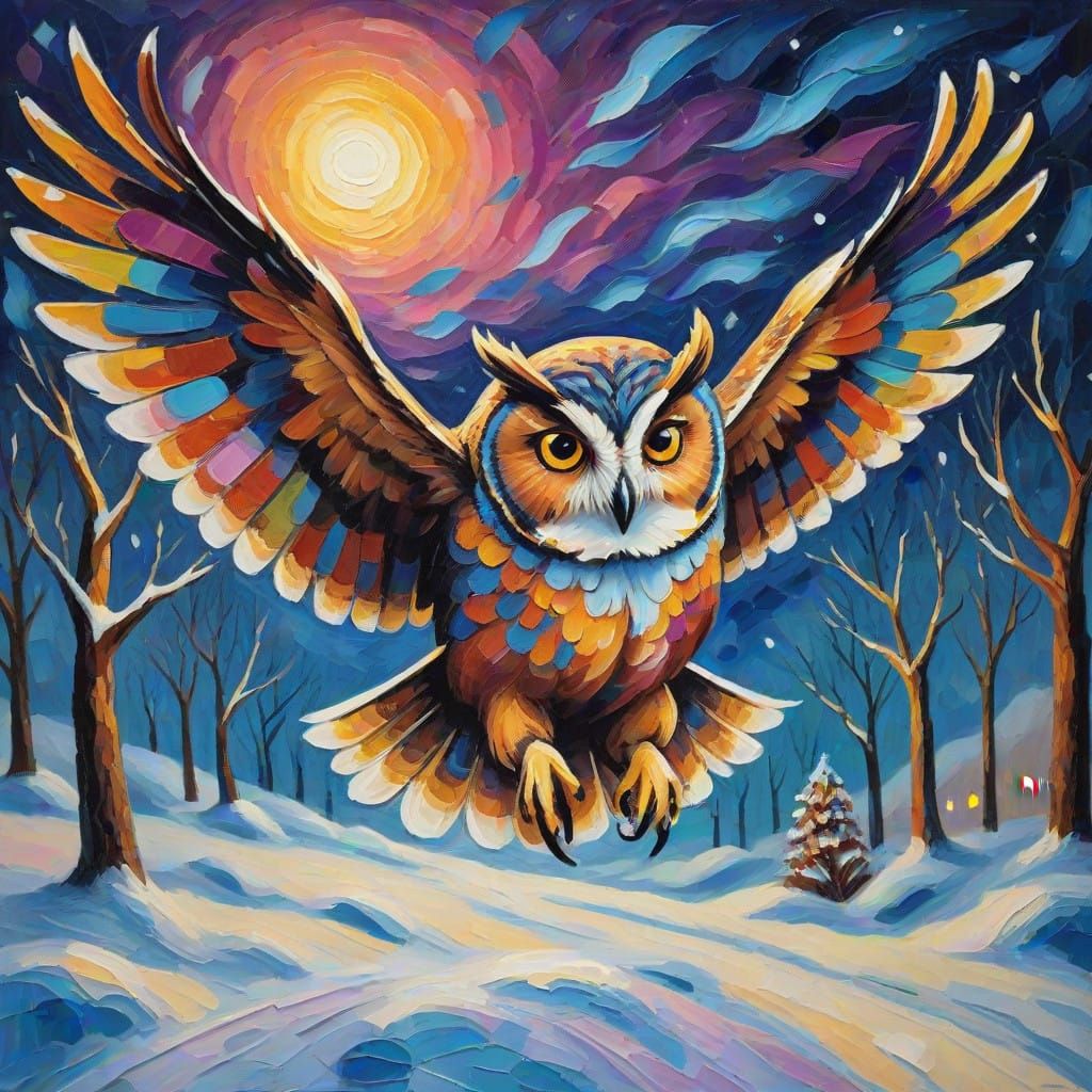 Whispers of Winter: A Neo-Impressionist Hoot Owl in Flight