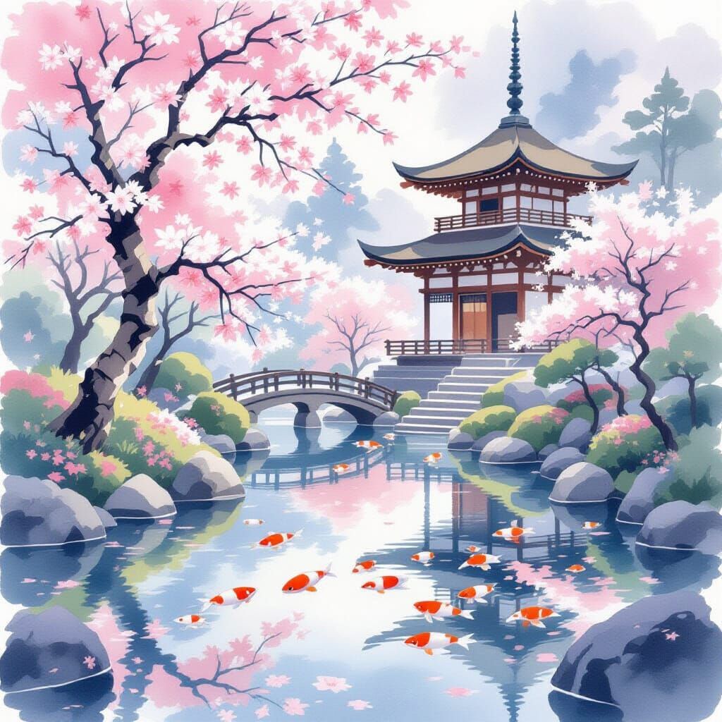 Serene Japanese Garden in Watercolor Style