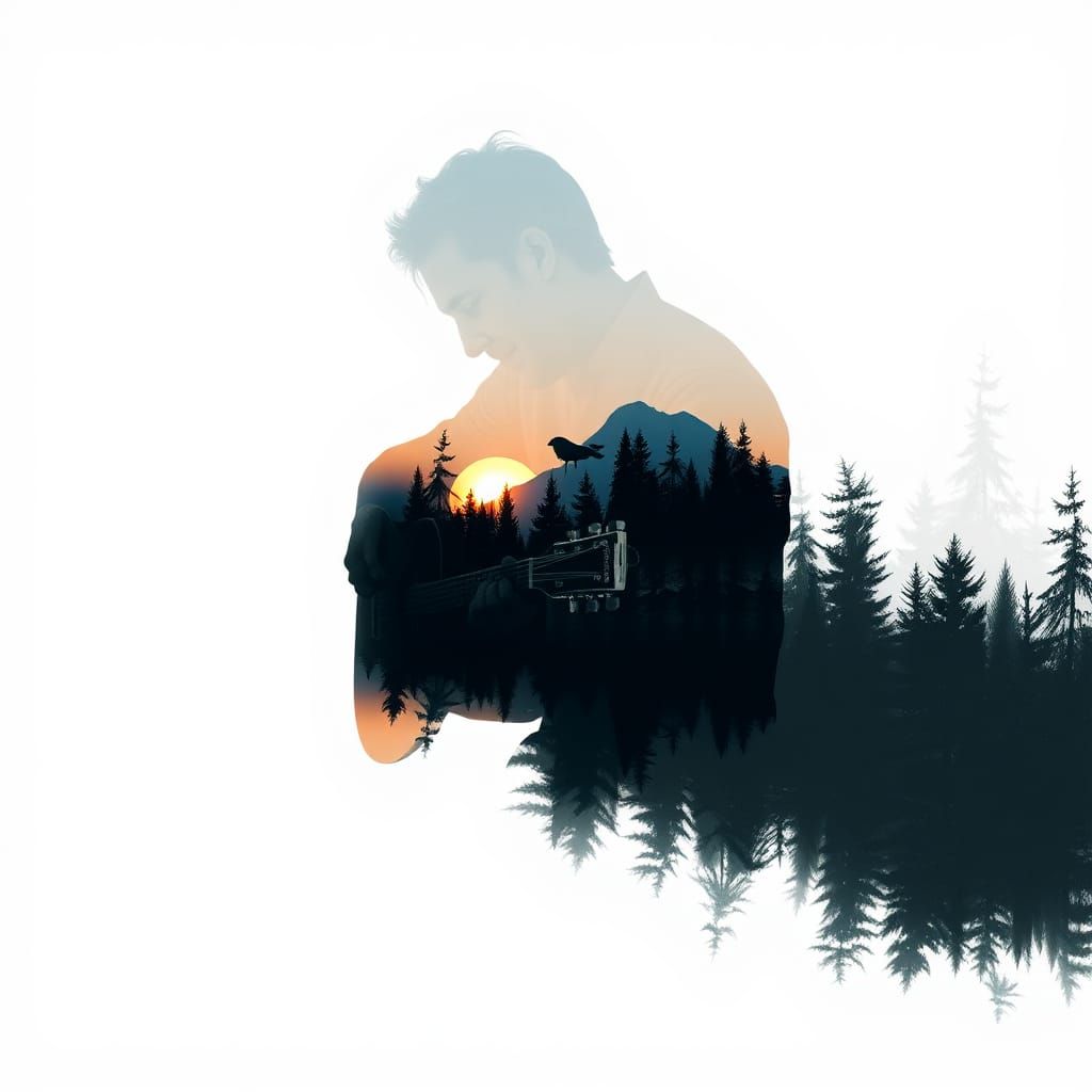 Double Exposure Guitarist with Sunset Mountain View