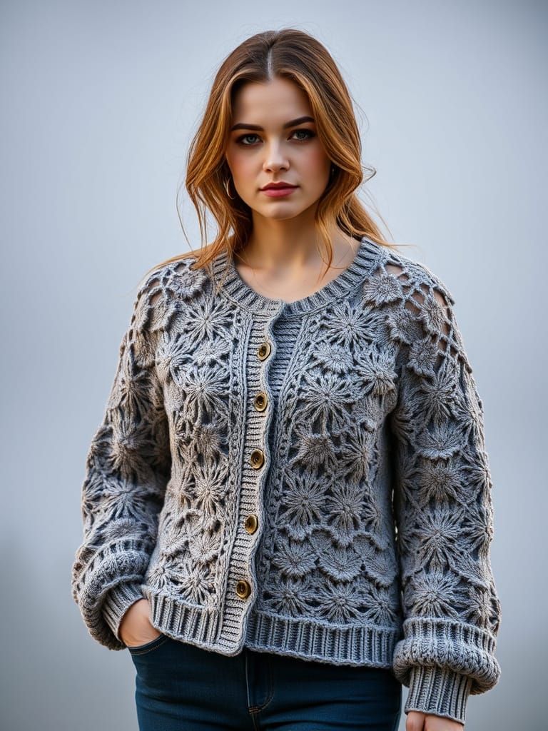 Woman Wearing a Stylish Crochet Jacket Made of Yarn