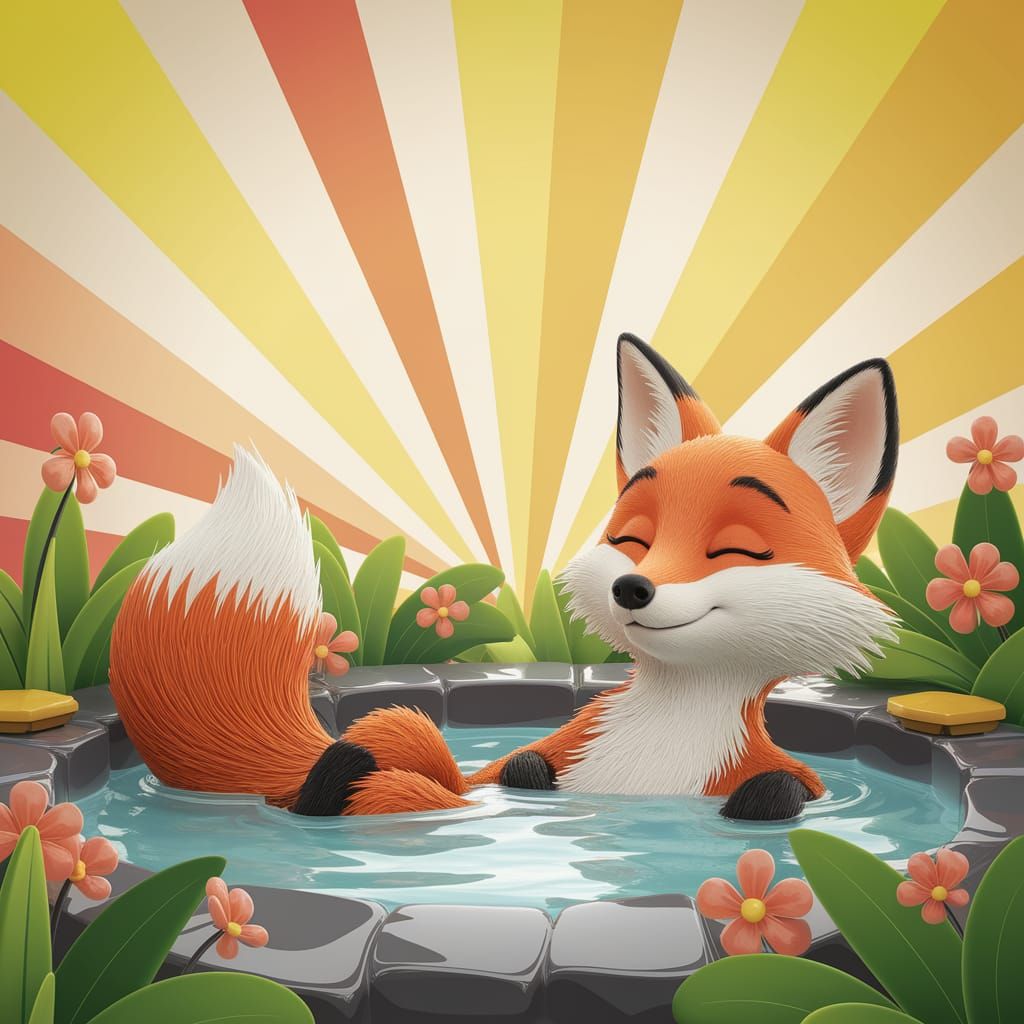 Fox Relaxing in Hot Spring: Pixar-Style 3D Digital Art