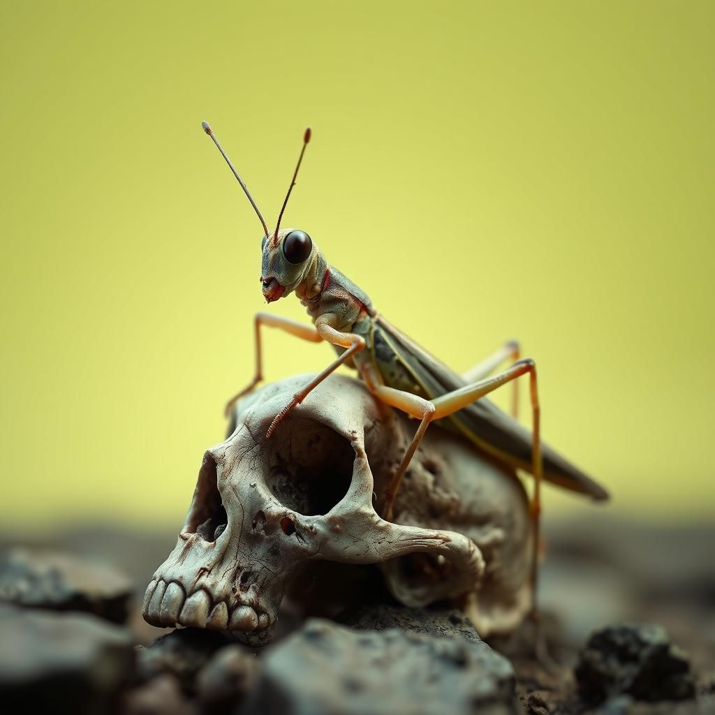 Grasshopper on Skull: Surreal Still Life