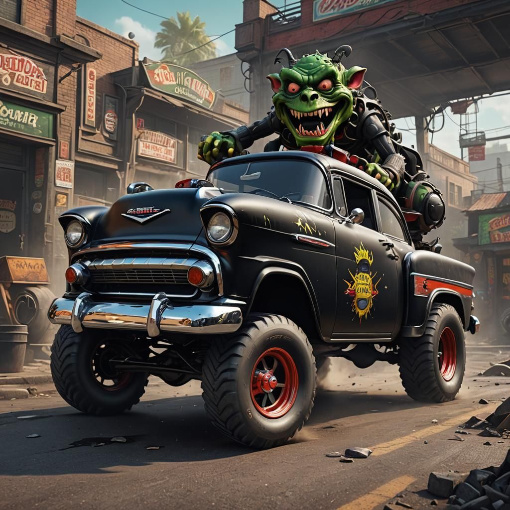 Black 1957 Chevy Driven by Rat Fink