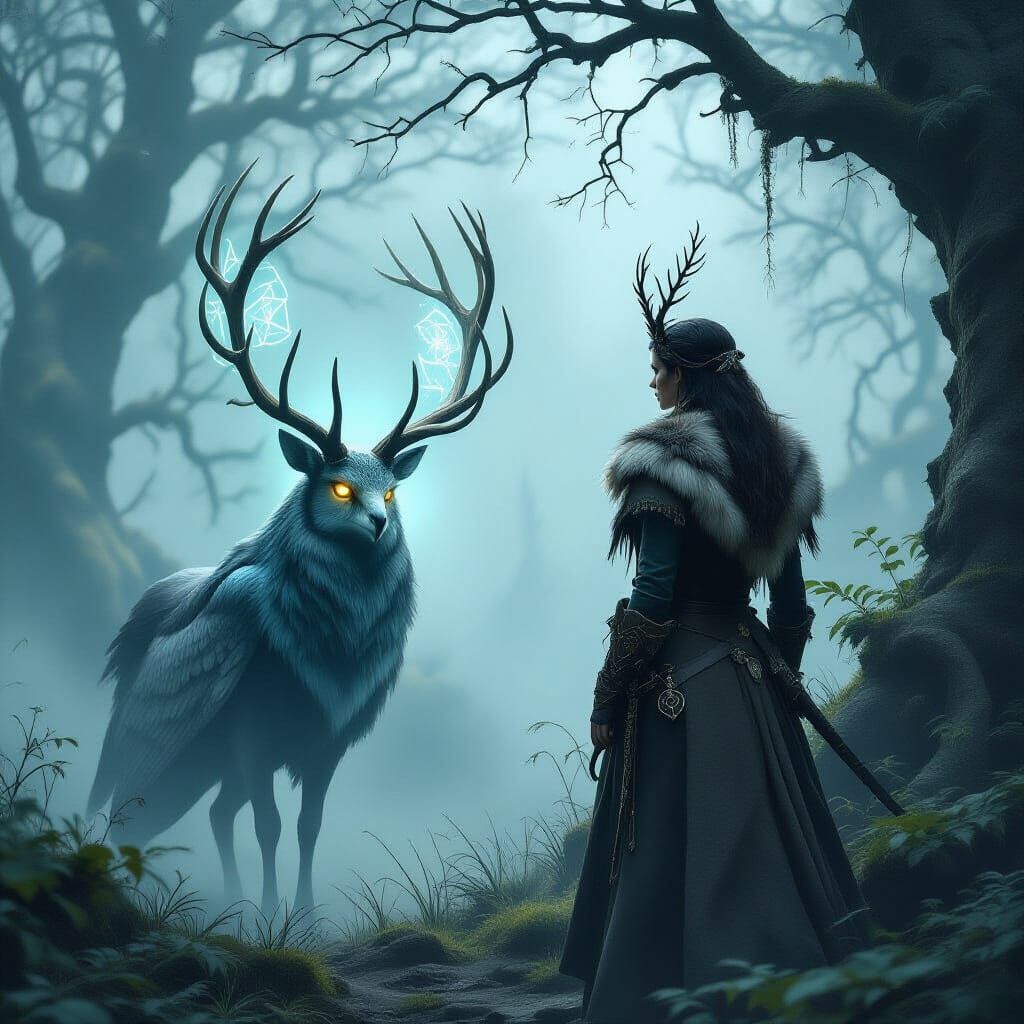 Enchanted Forest Huntress Meets Mystical Creature