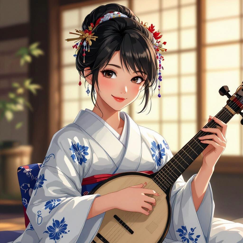Beautiful Japanese Woman Playing Biwa in Feudal Japan
