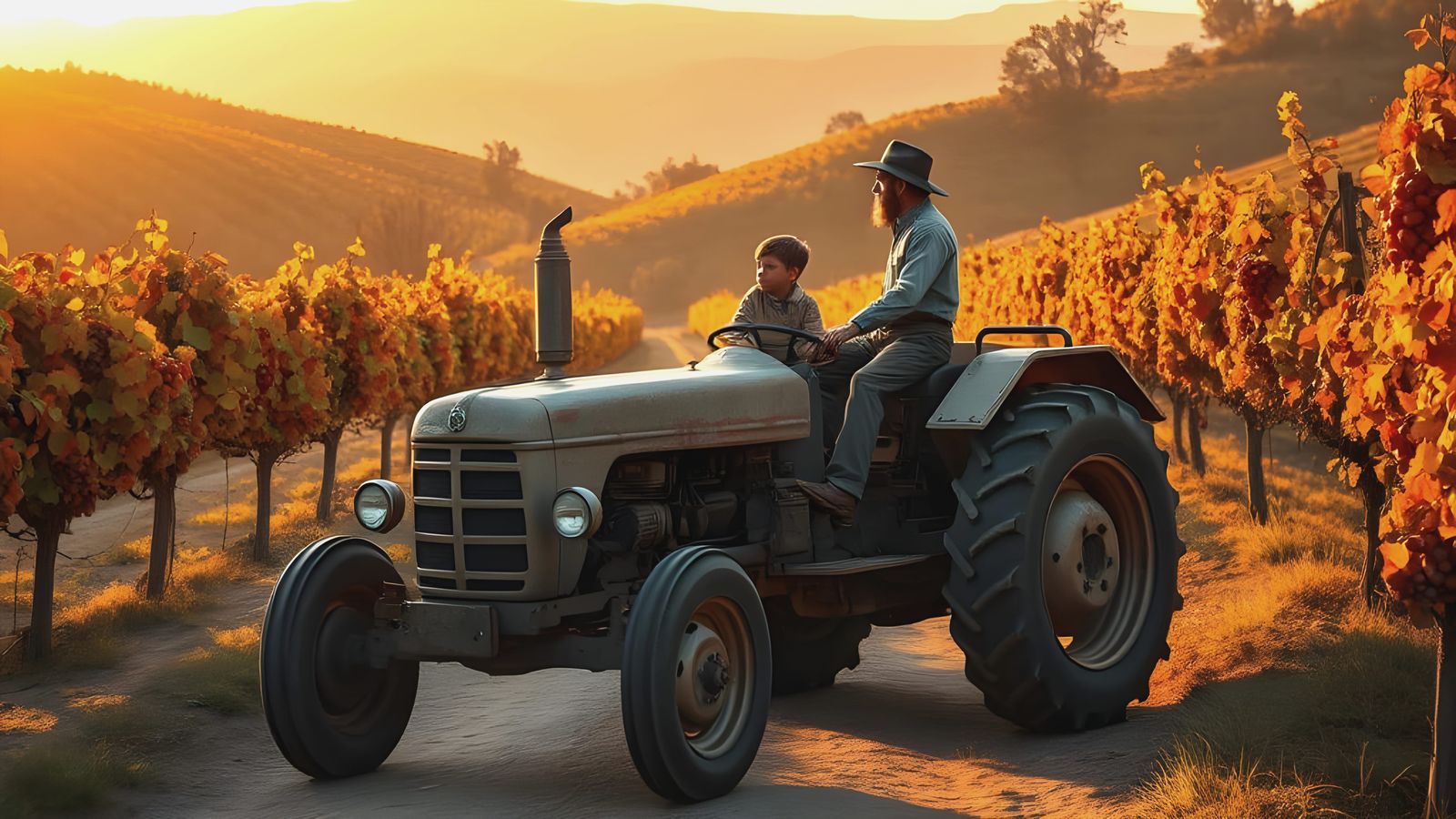 Tractor in Autumn Vineyards Scene in Deep Color