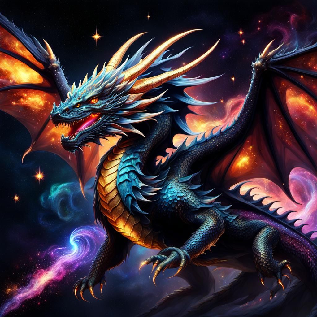 Cosmic Black Dragon with Galaxy Wings