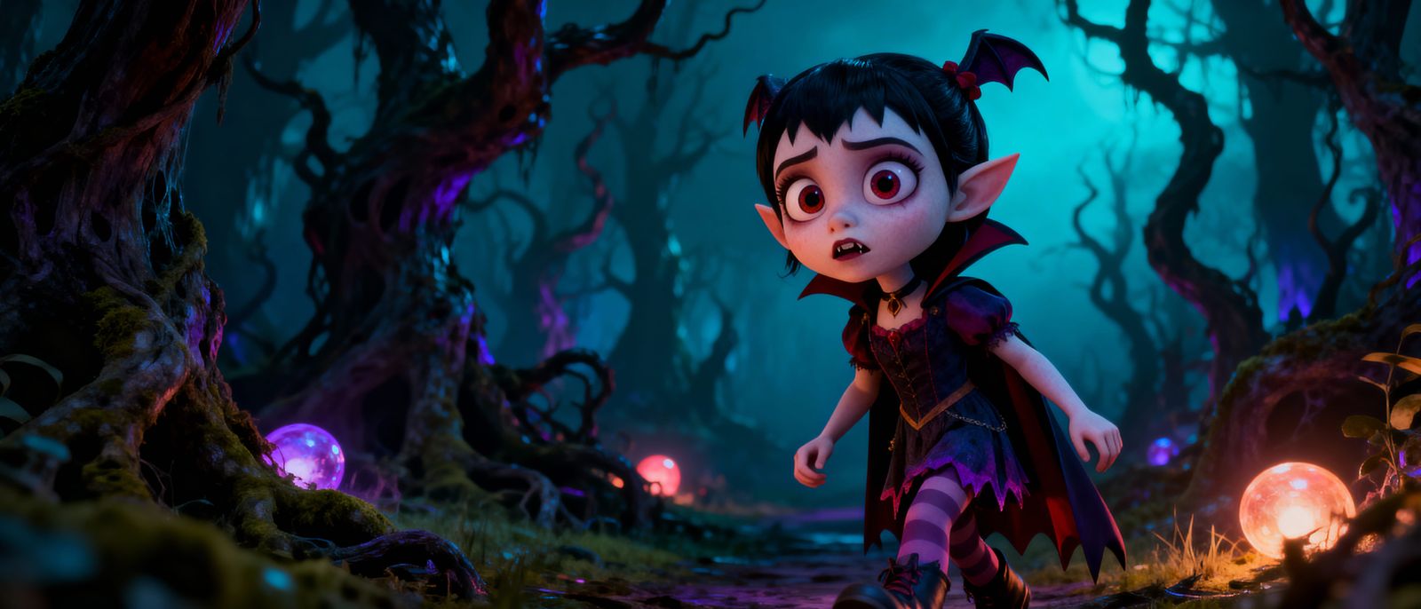 Nervous Vampire Girl in Vibrant Haunted Forest