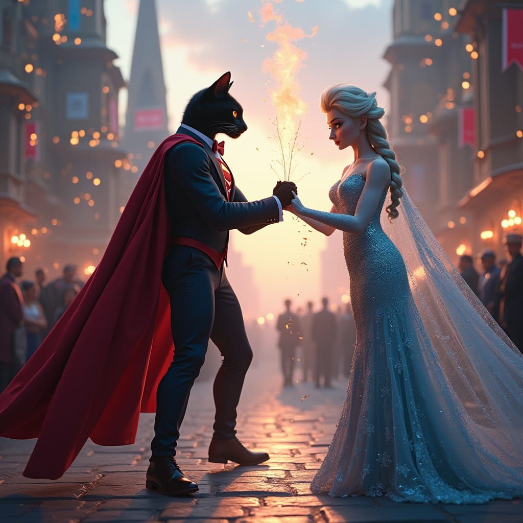 Superman Cat and Elsa Wedding Battle in Fantasy Cityscape