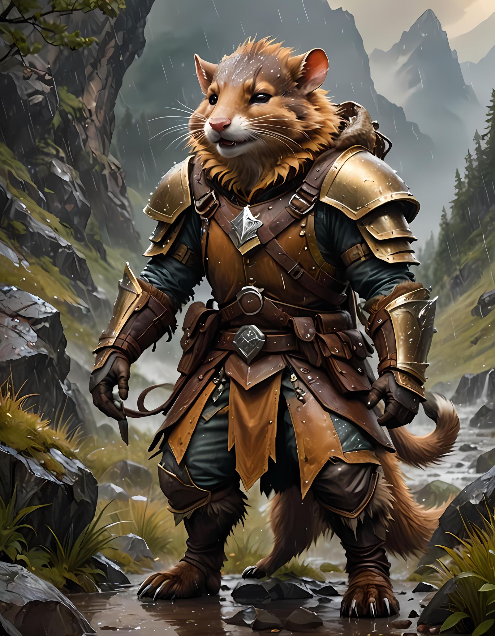 Laughing Ratfolk Ranger in Rainy Mountains