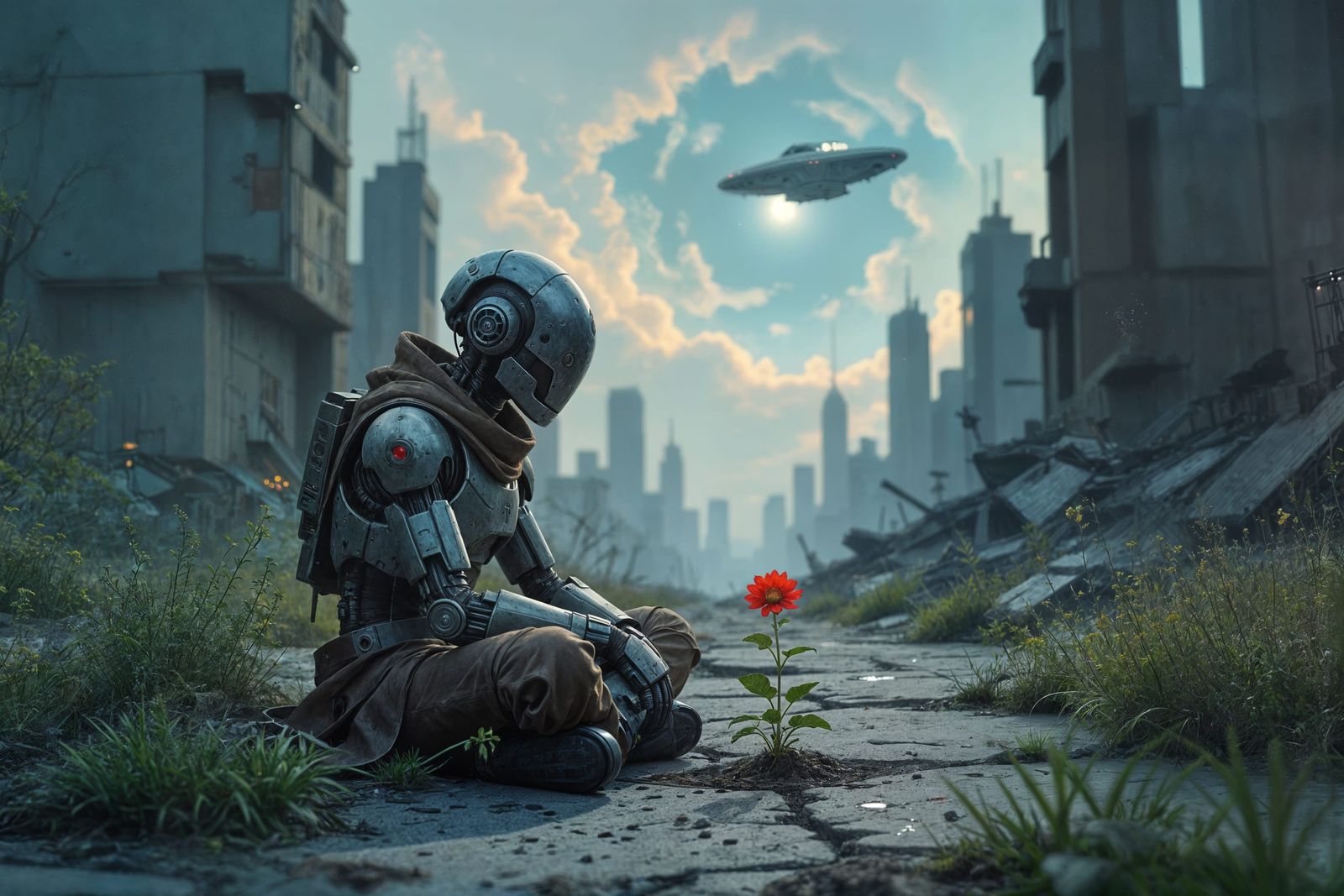 Android Contemplates Flower in Ruined Cyberpunk Cityscape