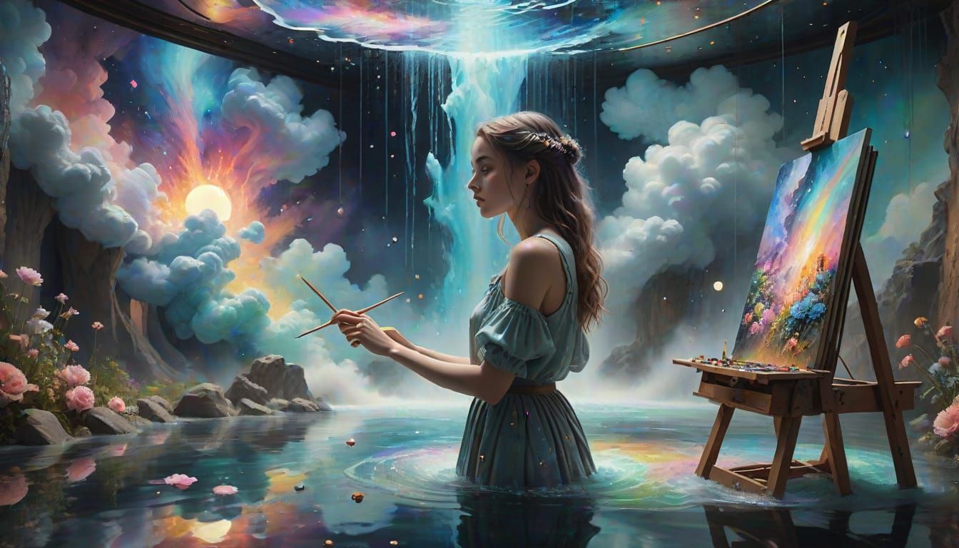 Artist in Surreal Studio With Cosmic Waterfall Painting