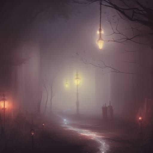 Ethereal Lamps on Foggy Road: Dark Fantasy Art