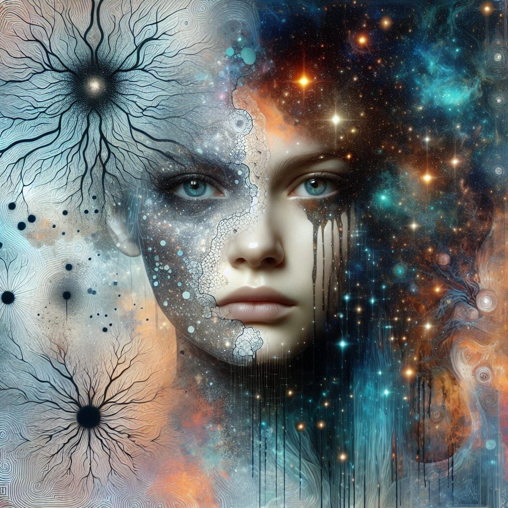 Surreal Woman Portrait with Neural Network in Mixed Media