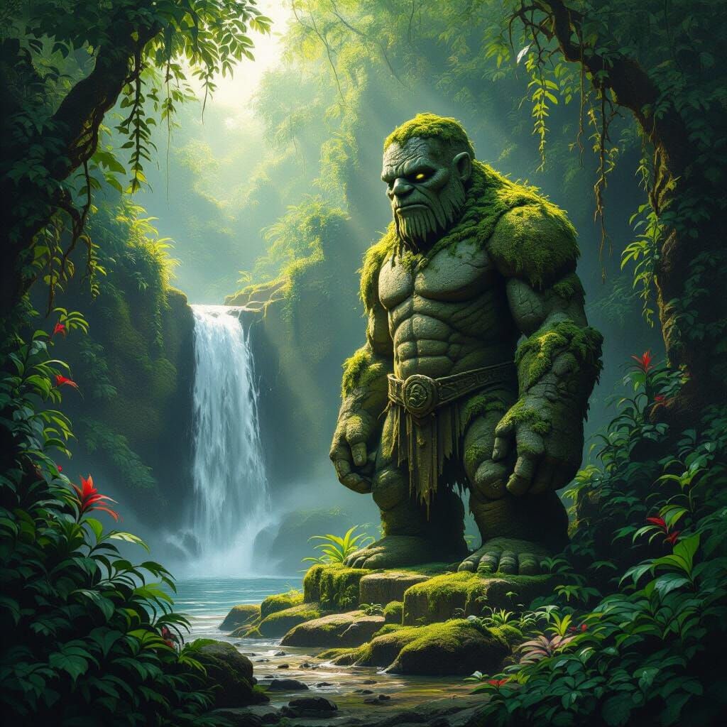 Mossy Stone Golem Guards Hidden Waterfall in Lush Jungle
