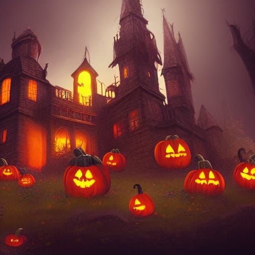 Spooky Castle Near Pumpkins: A Matte Painting
