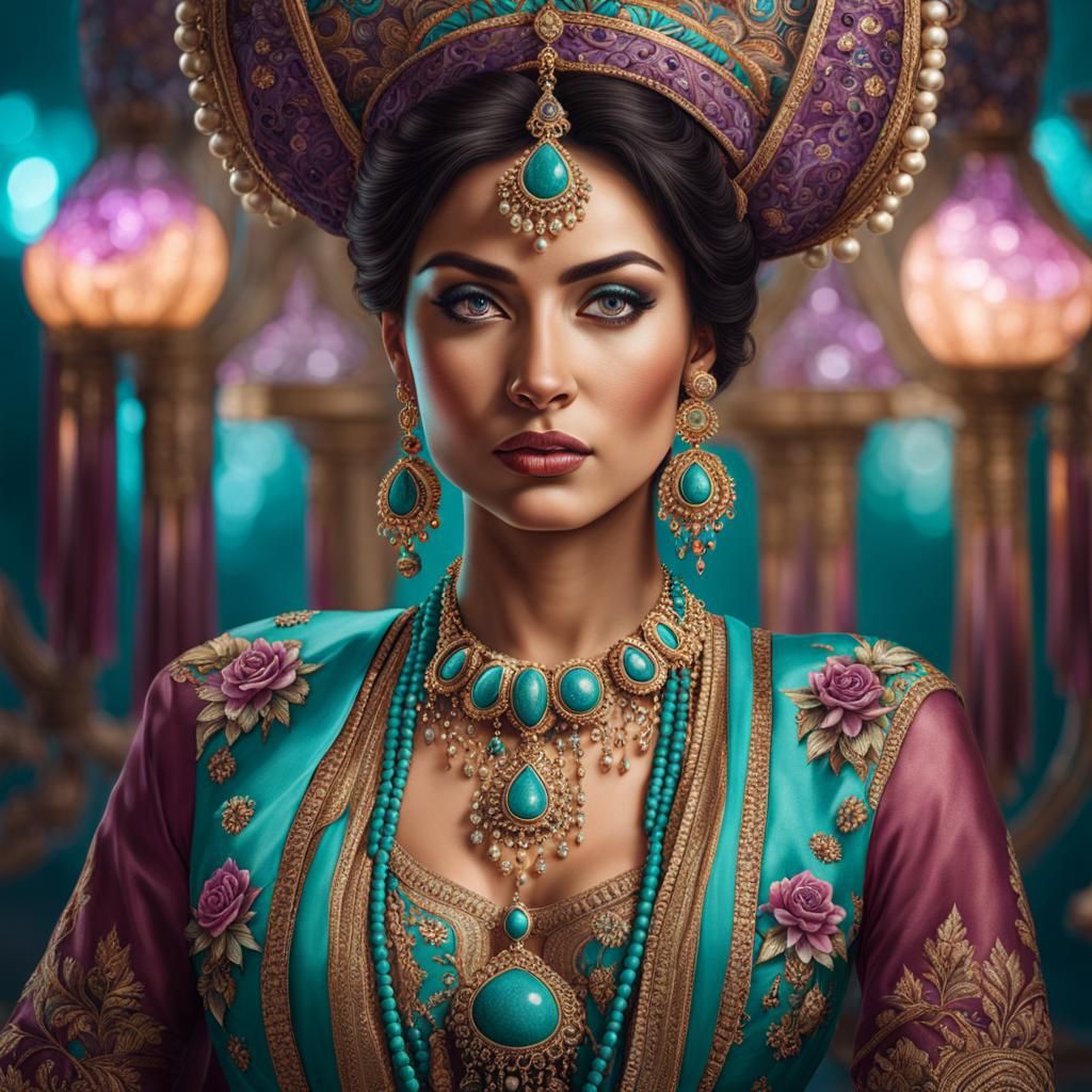 Hyperrealistic Portrait of Woman in Turquoise and Amethyst