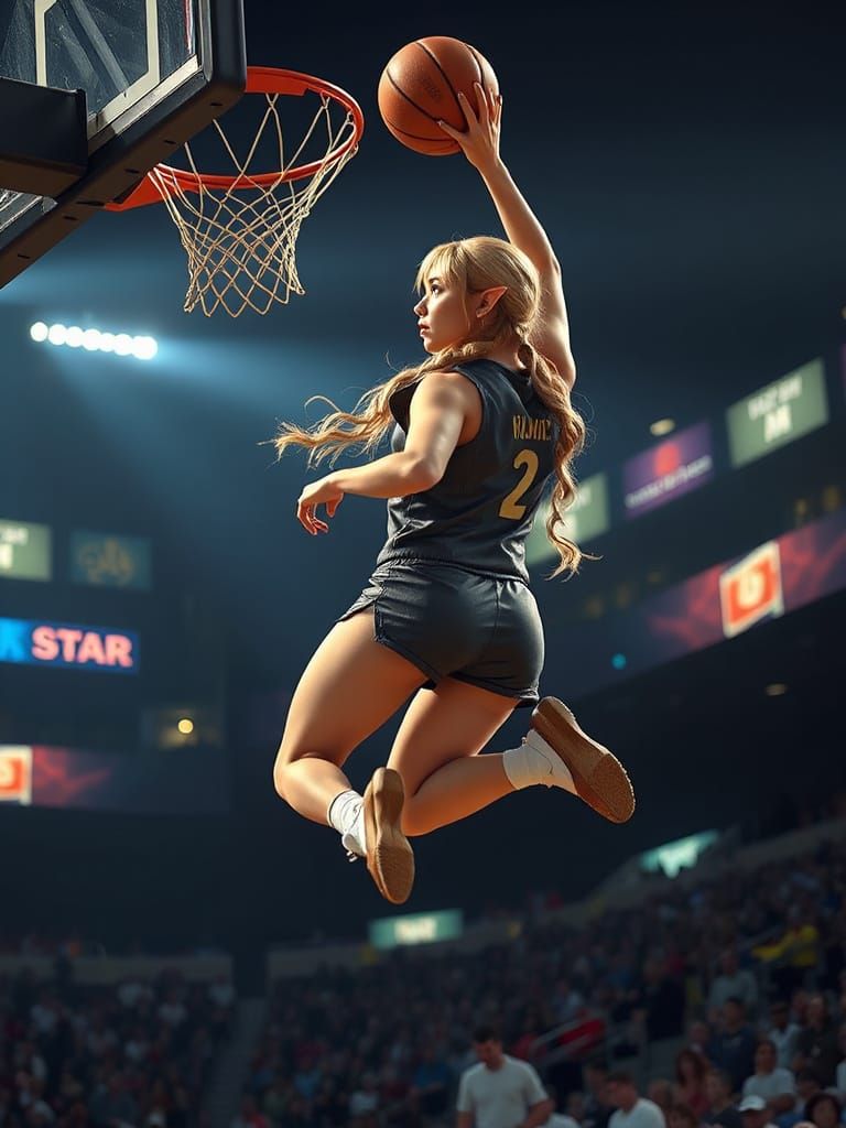 Female Elf Slam Dunks in Crowded Stadium: 3D Game Art