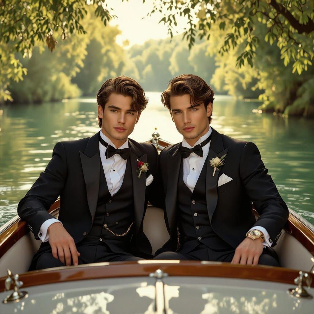 Elegant Men on River in Art Nouveau Style