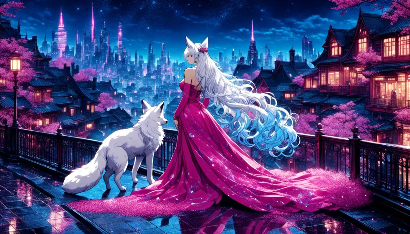 Stunning Kitsune Woman in Glitchcore Anime Cityscape