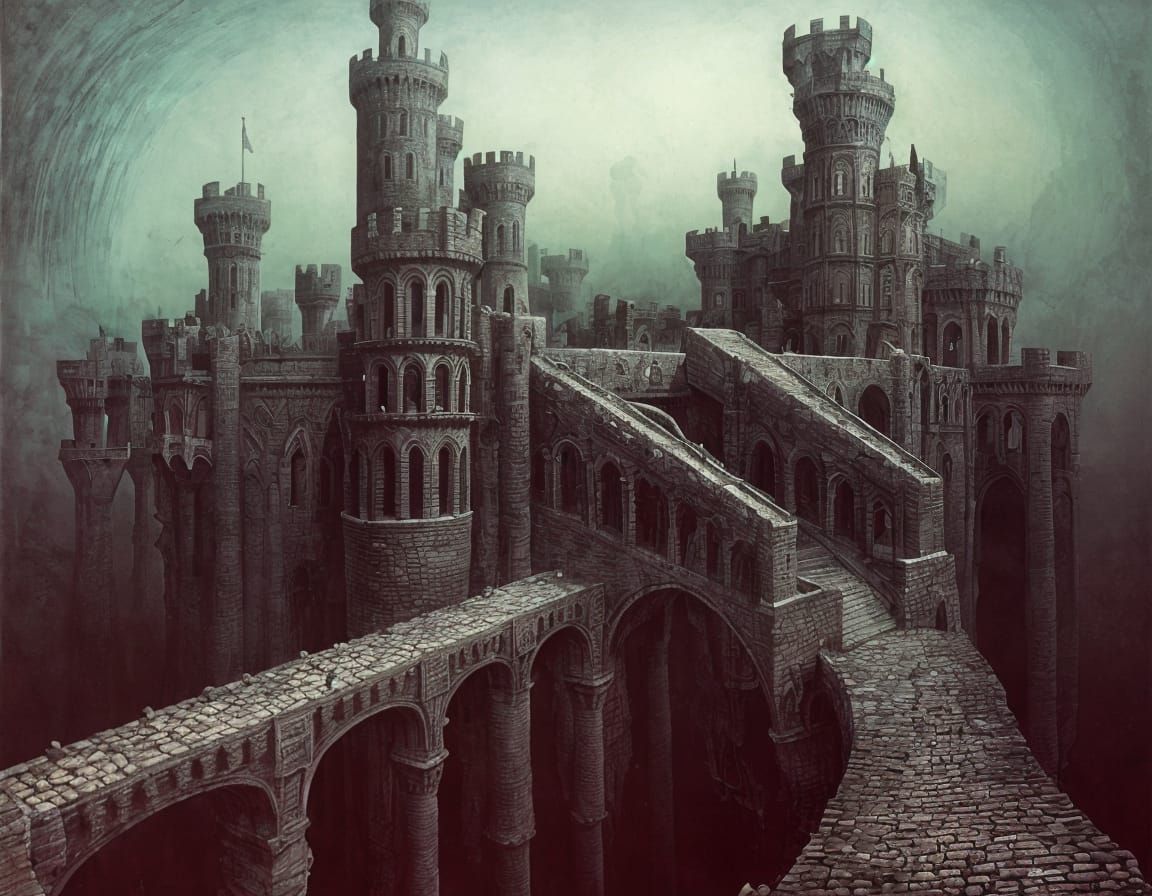 Surreal Castle with Drawbridges in Visionary Style