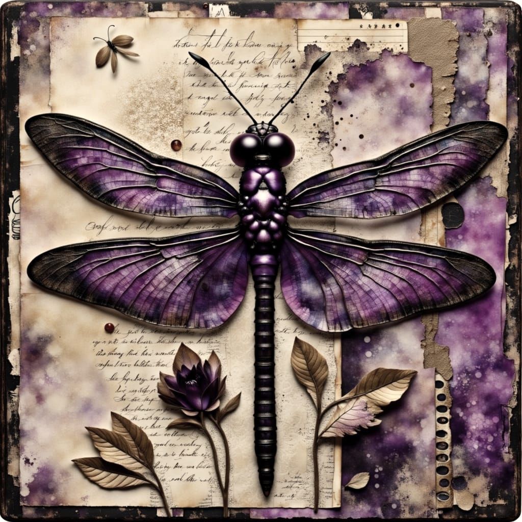 Mixed Media Collage of Dragonfly with Gold & Purple Accents