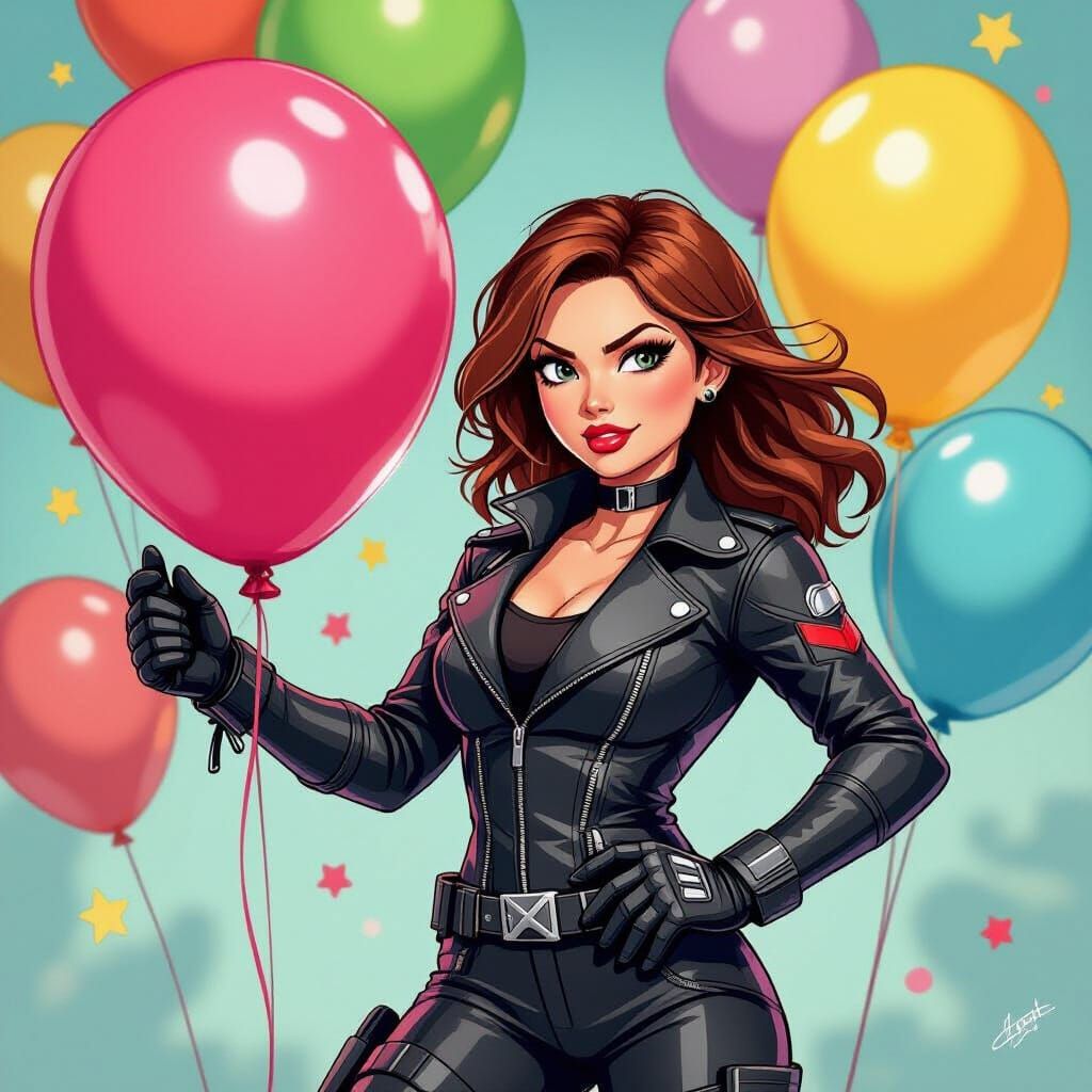 Black Widow Biker Bullies Birthday Balloon in Cartoon Style