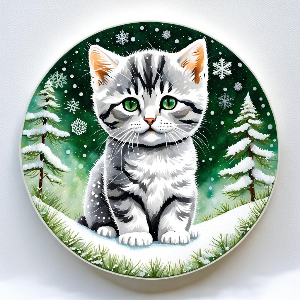 Glitter Kitten in Snowy Landscape, Klimt-Inspired