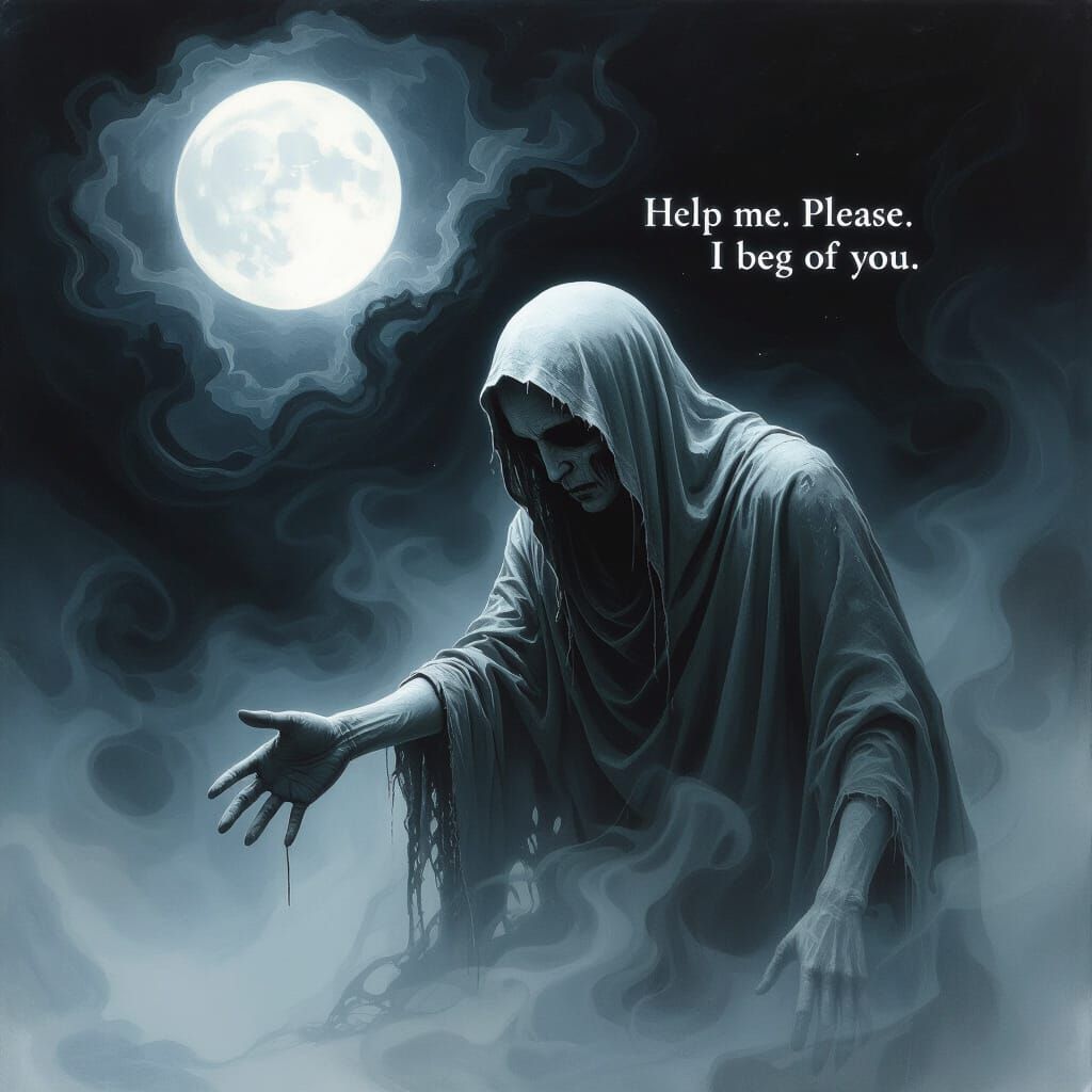 Ethereal Figure's Moonlight Plea in Dark Mist